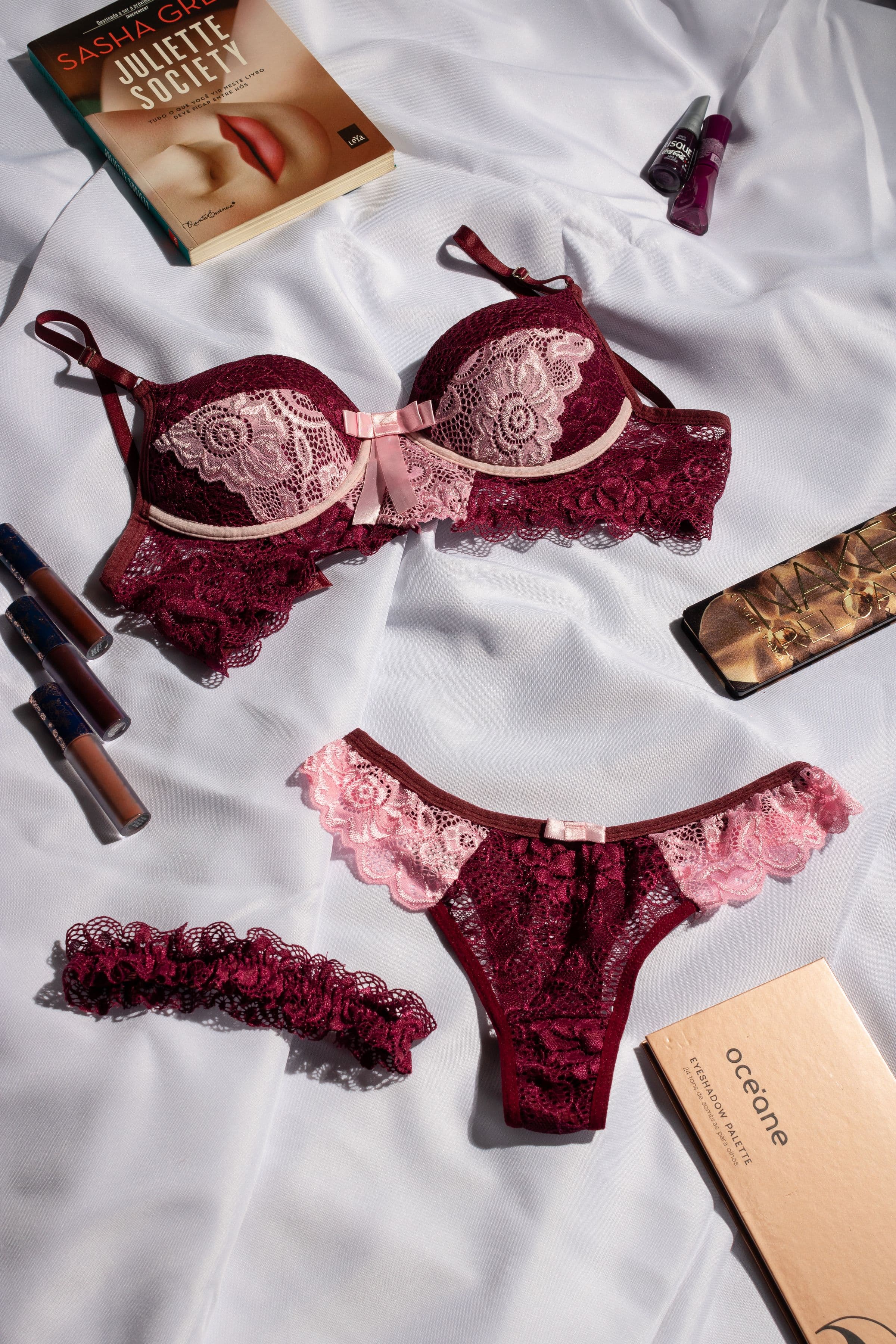 Rosewood Lace Bra Set, burgundy / pink