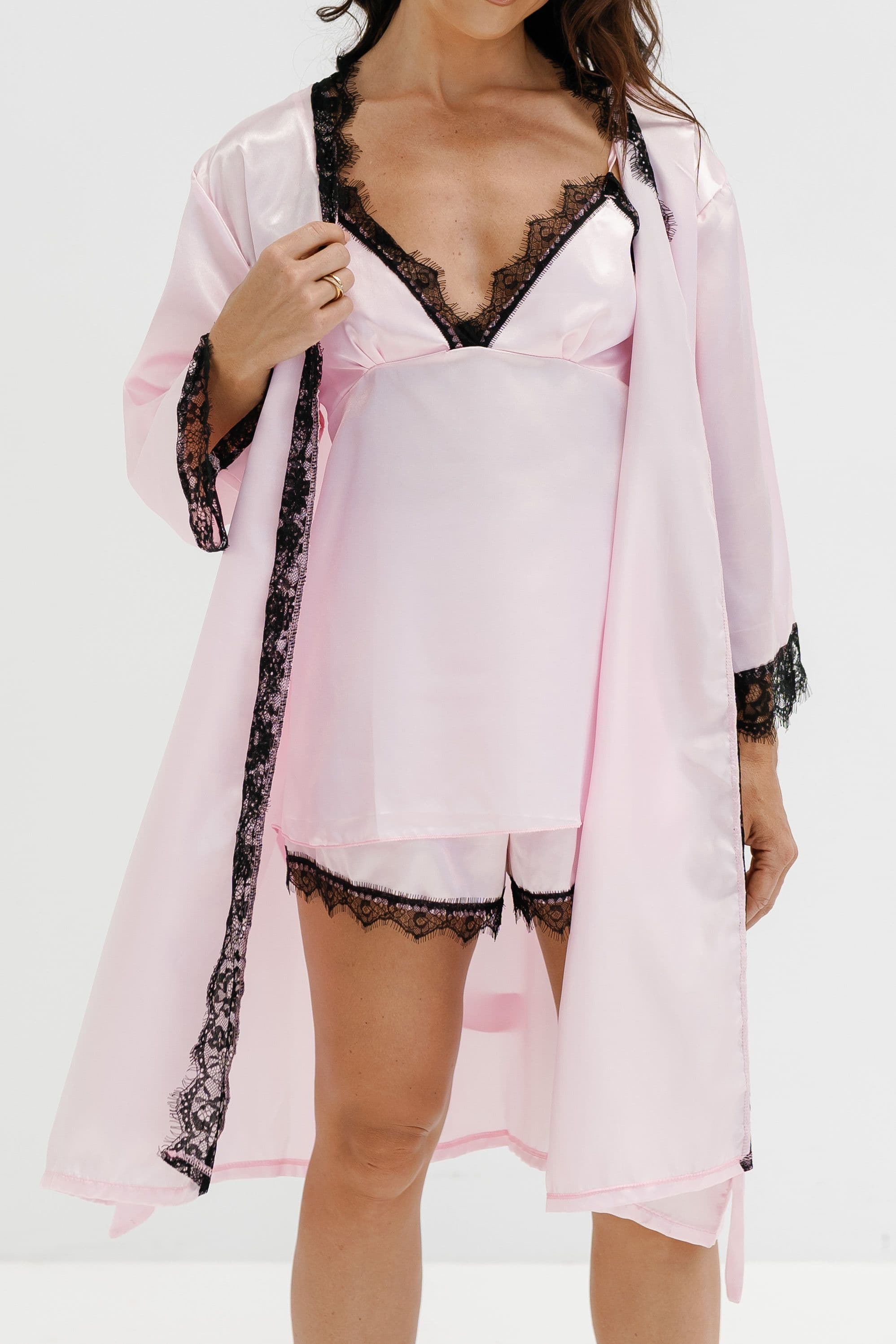 Blush Lace-Trim Robe & Shorts Set, blush