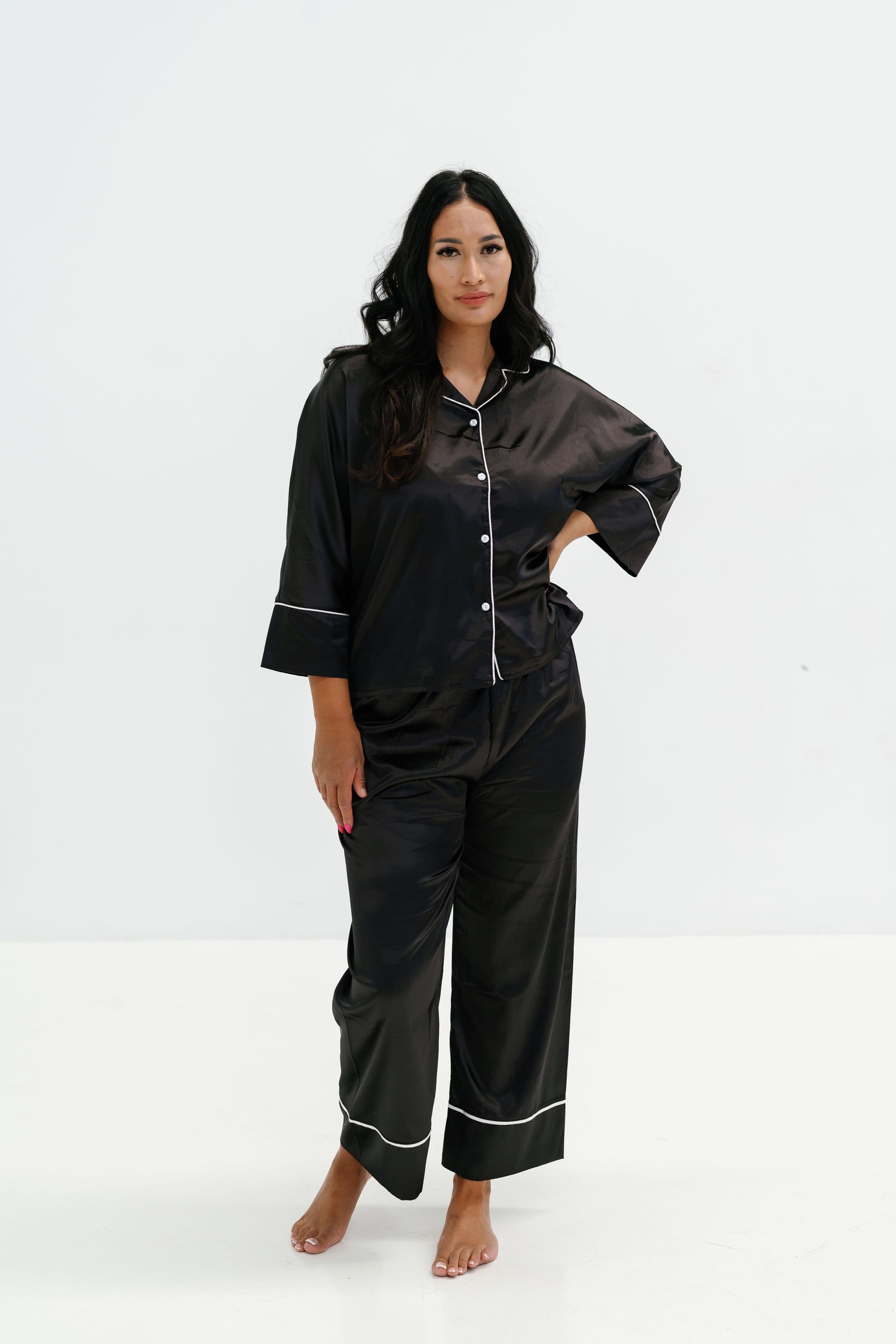 Noir Piped Satin Pyjama Set, black